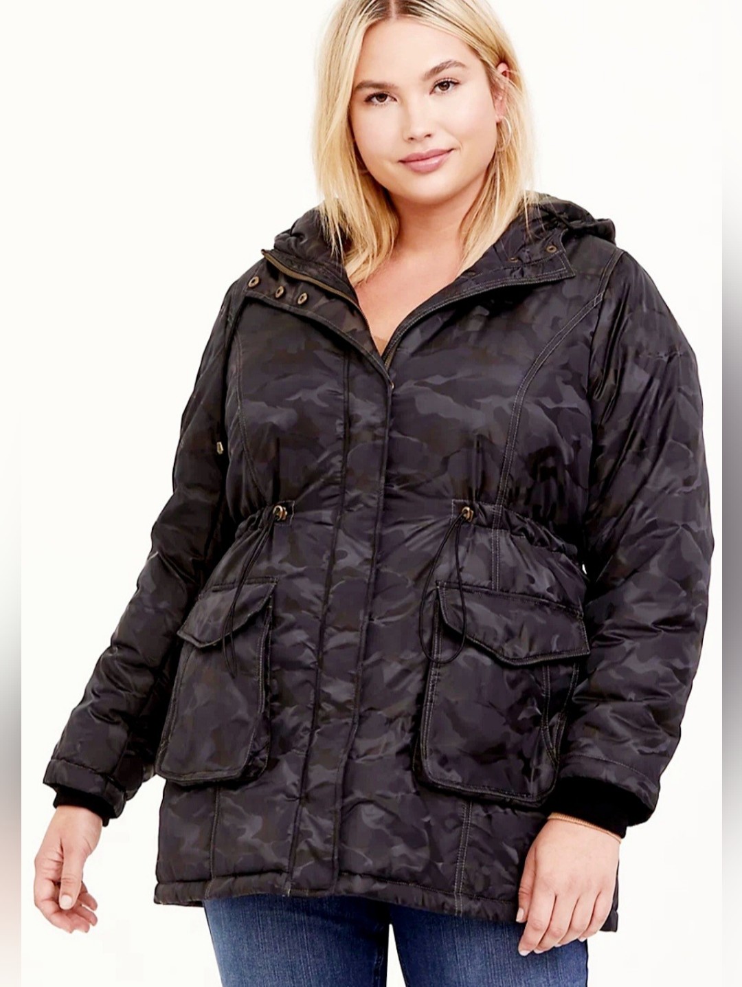 Torrid Anorak Black/Gray/Green Camo Cargo Hooded Puffer Jacket 0/Large